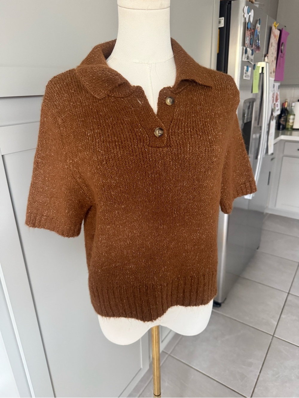 Mango MNG Brown Fuzzy Knit Polo Sweater | Short Sleeve | Size Medium